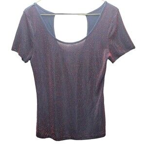 DEB Women's Top Short Sleeve Round Neck Open Back Sparkled Red Design Size M EUC